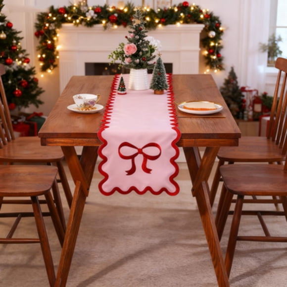 CaiYueKe Christmas Table Runner Pink Bow Table Runner 69Inches Embroidery Scalloped Table Runner Cute Coquette Dining Decor for Birthday Baby Shower Party Valentine Home Decor