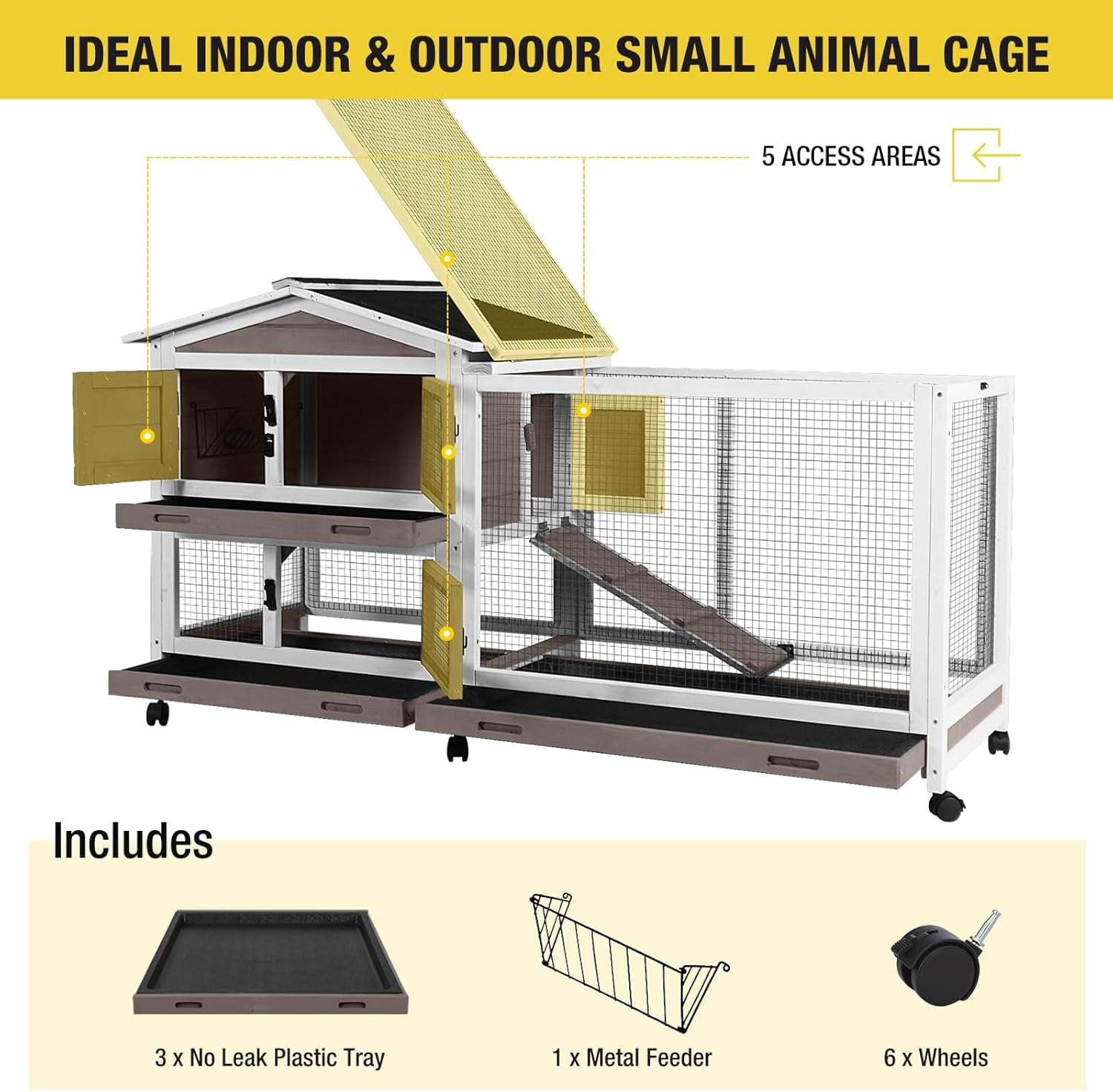 Aivituvin Rabbit Hutch Wooden Bunny Cage Indoor Outdoor Guinea Pig Cage on Wheels Large