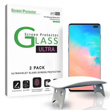 amFilm Screen Protector Glass for Galaxy S10 Plus (2 Pack), Case Friendly (UV Gel Application) Tempered Glass Screen Protector Compatible with Fingerprint Scanner for Samsung Galaxy S10+