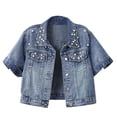 thumbnail image 1 of COM1950s Veste en Jean pour Femmes Hiver, Veste en Jean Perlée pour Femmes, Manches Courtes, Col, Boutonnée, Décontractée, Vestes pour Femmes Mode, Vestes pour Femmes Décontractées, Vestes en Jean pour Femmes Mode, 1 of 9
