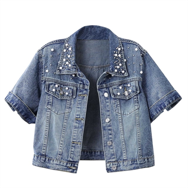 COM1950s Veste en Jean pour Femmes Hiver, Veste en Jean Perlée pour Femmes, Manches Courtes, Col, Boutonnée, Décontractée, Vestes pour Femmes Mode, Vestes pour Femmes Décontractées, Vestes en Jean pour Femmes Mode