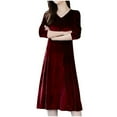 thumbnail image 1 of Robe Midi Ajustée à Manches Longues en Velours Col en V pour Femmes Hiver, 1 of 6