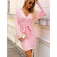thumbnail image 6 of Women'S Long Sleeve Bodycon Sweater Dress V Neck Cable Knit Slit Midi Dresses with Belt Pink M, 6 of 10
