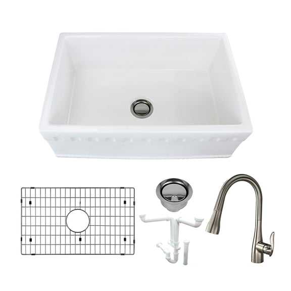 Transolid Versailles 30" Farmhouse Kitchen Sink with Faucet, Grid and Strainer