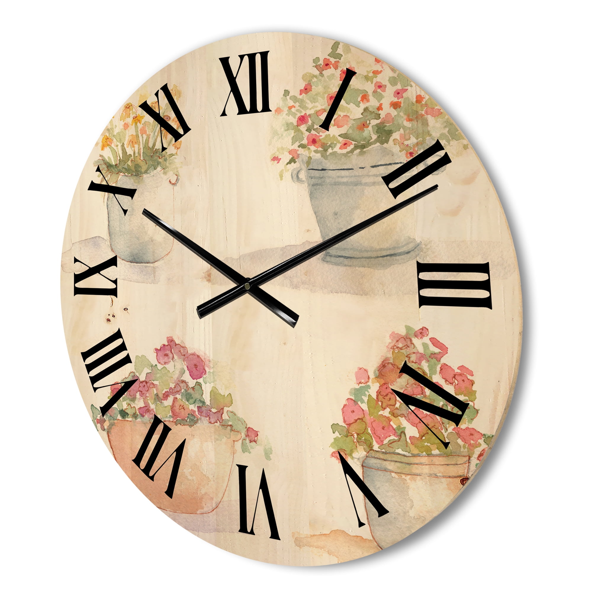 Designart 'Abstract Four Outdoor Flower Pots' Traditional Wood Wall Clock