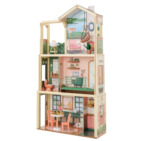 Click & Play Fully Assembled Pop-Up Wooden Dollhouse with 50 Accessories