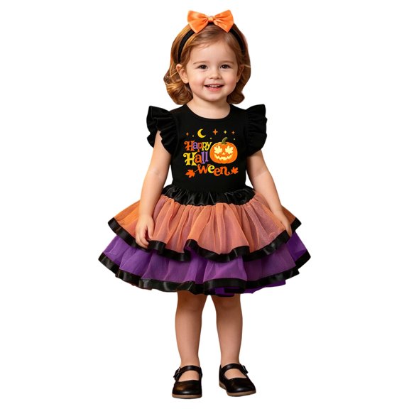 Kids Halloween Dresses, Girls Halloween Print Tunic Top Skirt Three Piece Outfit With Sleeves Party Dress Casual Beach School Set, Halloween Gifts