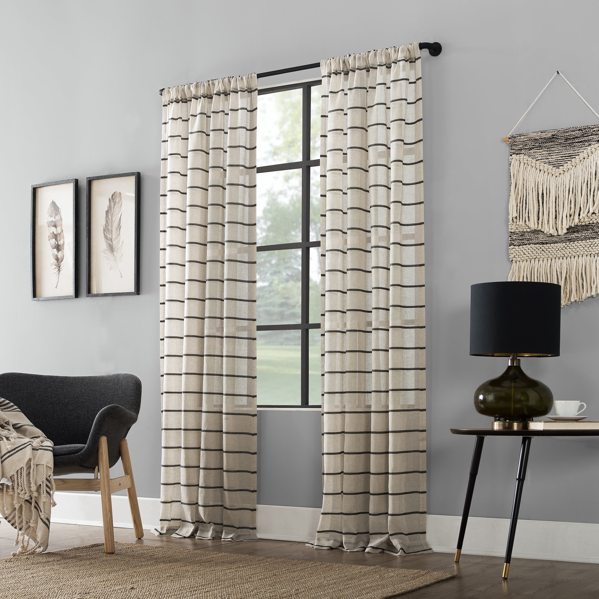 Clean Window Twill Stripe Anti-Dust Linen Blend Sheer Curtain Panel, 52"x84", Black/Linen