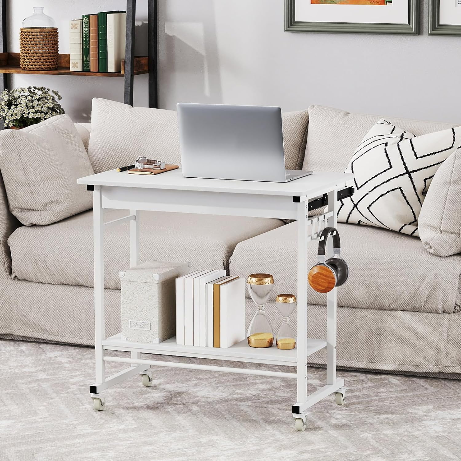 CHTER Rolling Computer Desk Cart with Keyboard Tray, Mobile Portable Laptop PC Desk with CPU Stand & 3 Hooks for Sofa & Bed, Compact Small Desk on Wheels for Small Spaces (White)