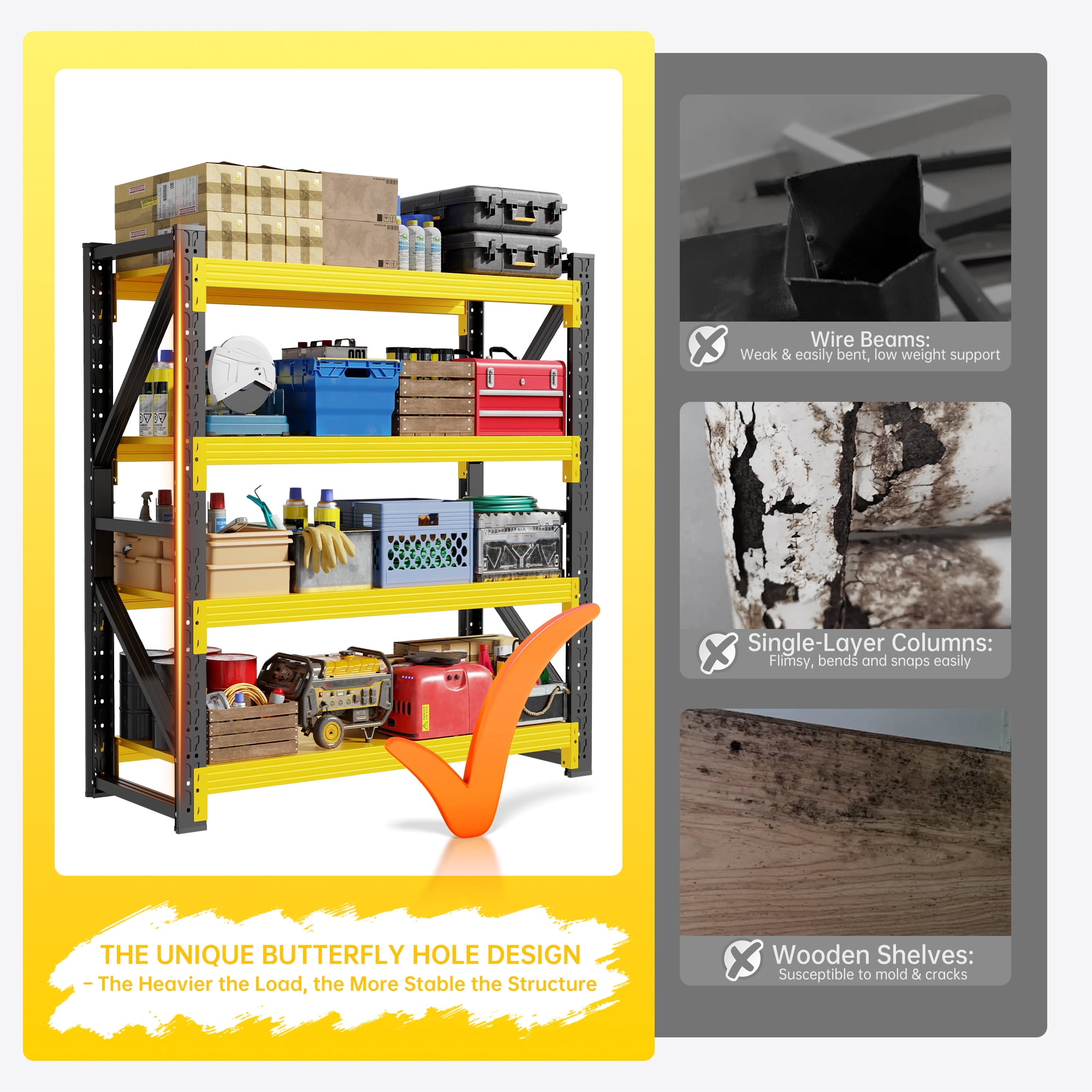 Welfiya 59"Wide Garage Shelving Unit,3500LBS Heavy Duty Storage Shelves,4-Tier Metal Industrial Shelving,Adjustable Standing Shelf for Warehouse,Basement,Workshop,59.1"W x 23.6"D x 78.7"H,Black&Yello