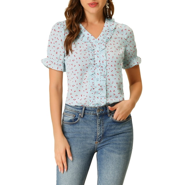 INSPIRE CHIC Women's Cherry Print Ruffle V Neck Short Sleeve Summer Blouses S Light Blue