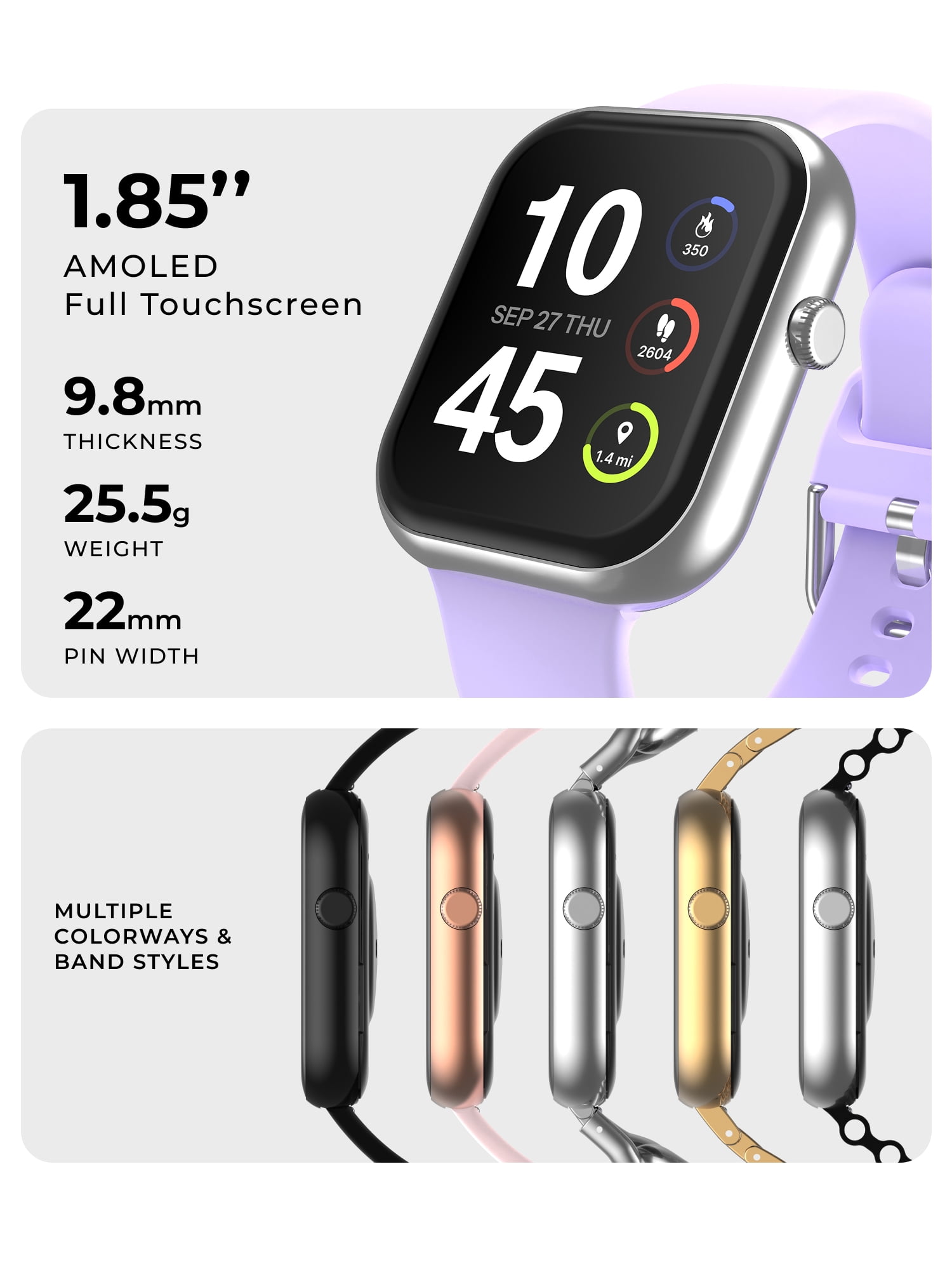 iTech Fusion 4 Unisex Adult Rectangular Smart Watch, Lilac, Silicone Strap