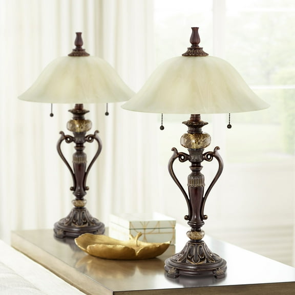 Kathy Ireland Traditional Table Lamps 26" High Set of 2 Bronze Alabaster Champagne Glass Shade Living Room Bedroom House Bedside