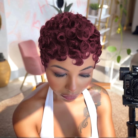 Short Curly Human Hair Wig Short Layered Pixie Cut Wigs 99J Burgundy Wigs Human Hair Glueless Wear and Go Full Machine Made Wig
