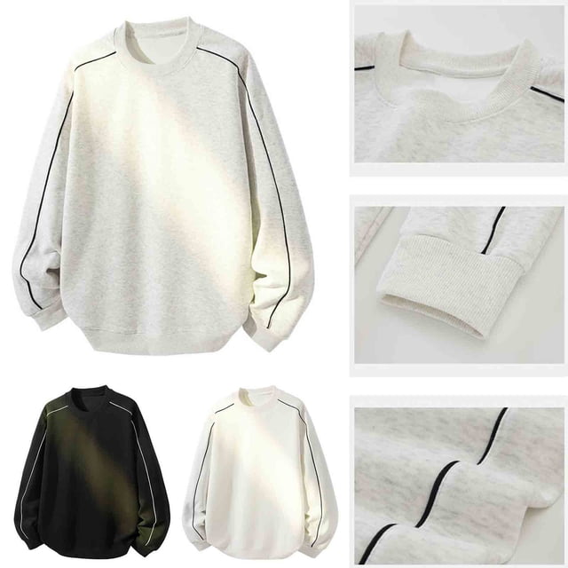 NJDVHB Économies d'Automne et d'Hiver! Chandails en Molleton pour Hommes, Chemises à Manches Longues, Chandail Décontracté à Manches Longues Col Rond Patchwork, Blanc, m