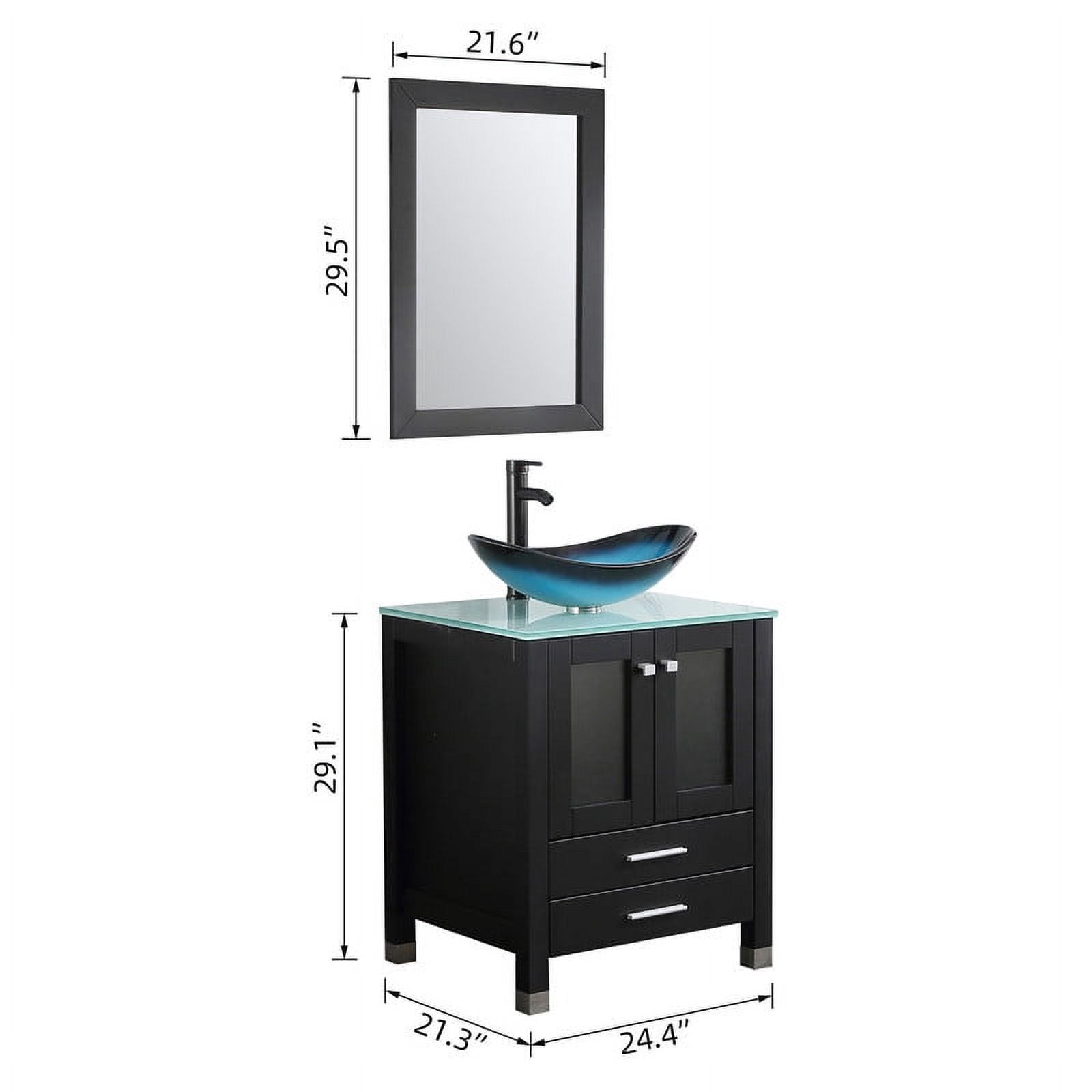 Walsport 24" Luxurious Bathroom Vanity with Blue Tempered Glass Vessel Sink Bowl and Countertop and Mirror and Faucet,Stand Floor Cabinet Bathroom Storage Vanity with Pop Up Drain,Black