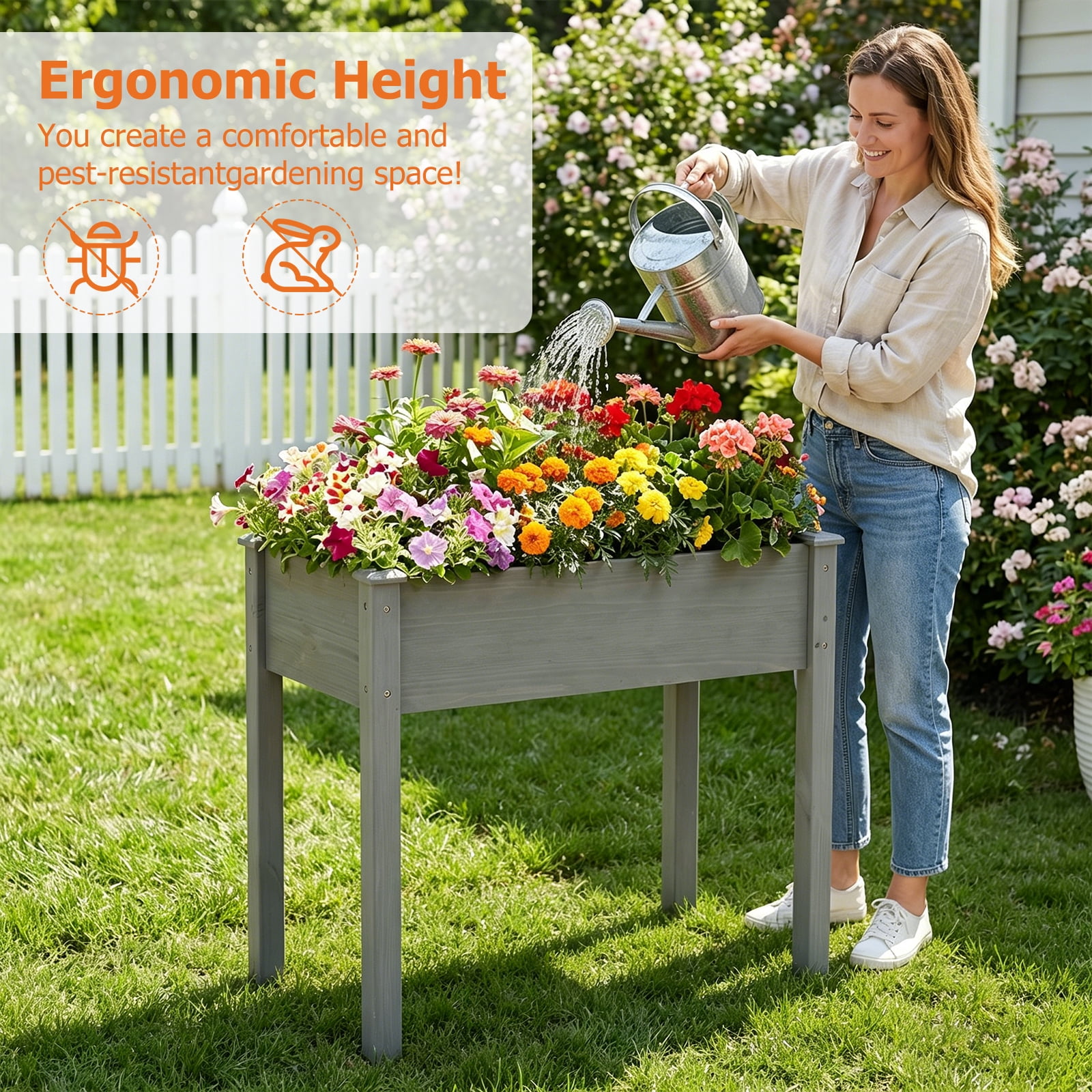 Atilioo Wooden Raised Garden Bed with Legs, 34x18x30 Inch Elevated Reinforced Planter Box for Backyard, Patio, Balcony w/ Liner, Natural