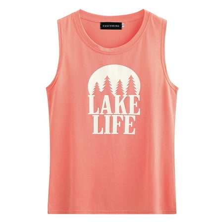 Fancyleo 2019 Summer New Fashion Tank Tops Women Casual Loose Sleeveless Lake Life Letter Printed Pure Color Shirt