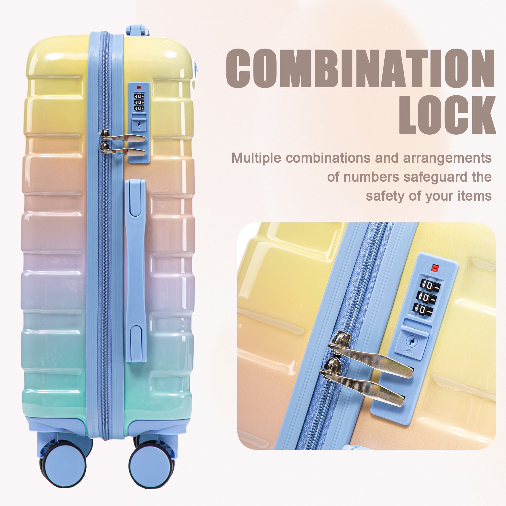 14"/20" 2 pcs/set in PC Spinner Wheel Luggage, Carry on Suitcase, With Gradient Color and Combination Lock (Blue+Yellow)