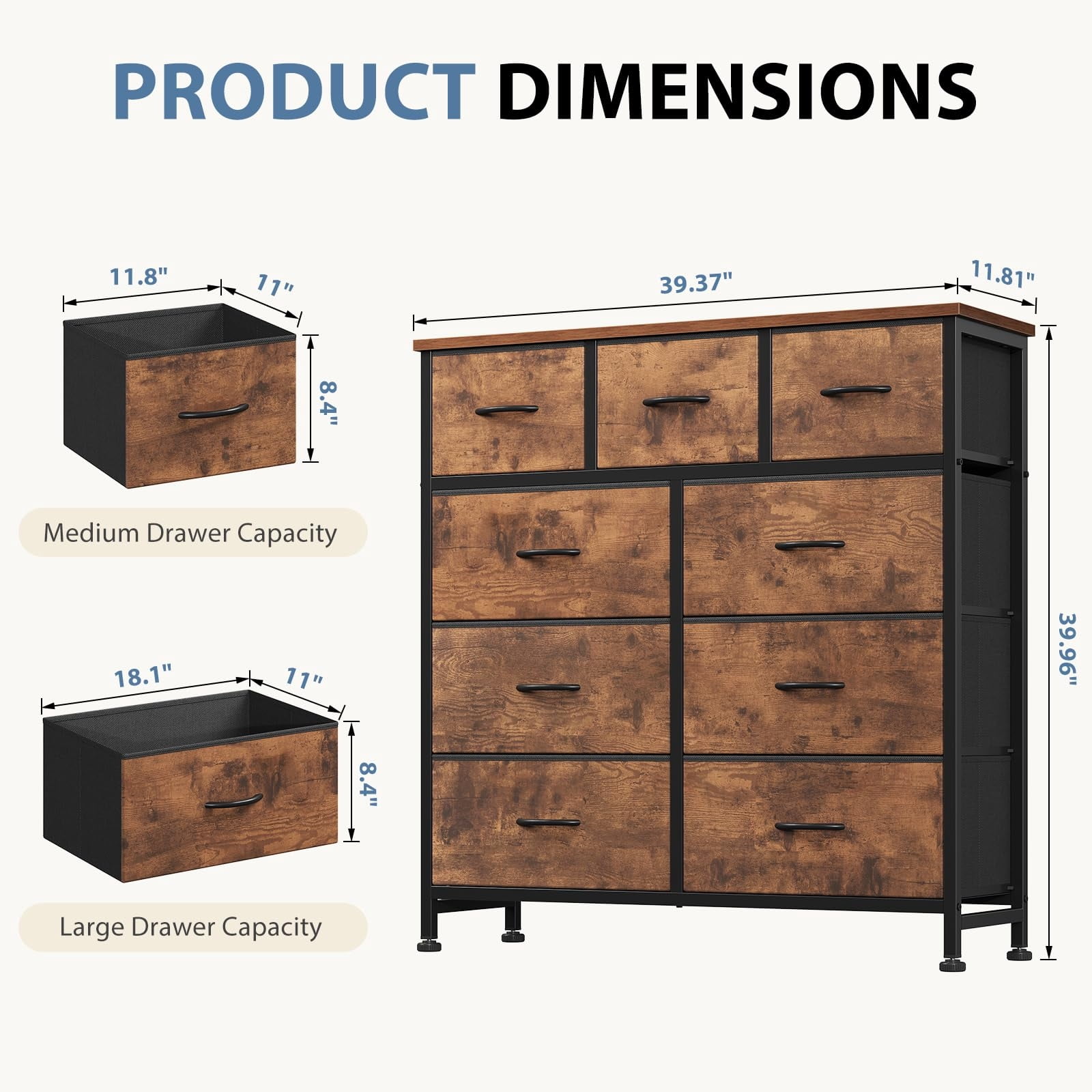 Telyra 9-Drawer Fabric Dresser Tall Storage Tower with Wood Top and Steel Frame Bedroom Closet Organizer, Rust