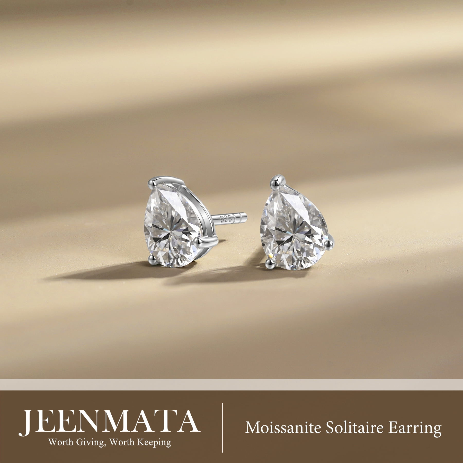 JeenMata 4 Carat Pear Cut Moissanite Minimalist Solitaire Stud Earrings in 18k White Gold Plating for Women