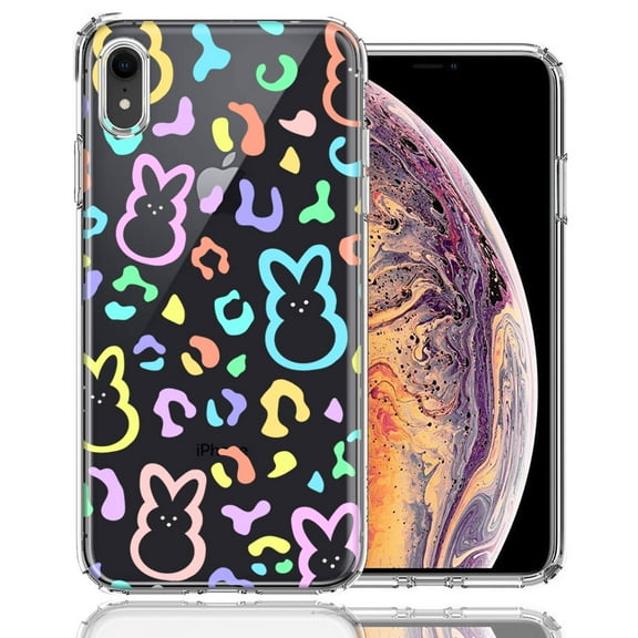 MUNDAZE for Apple iPhone XR Leopard Easter Bunny Candy Colorful Rainbow Double Layer Phone Case Cover