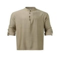 thumbnail image 2 of Men‘s Henley Shirt  Solid Color Long Sleeve Stand Collar Button-Down Loose Simple Linen Beach Tops, 2 of 4