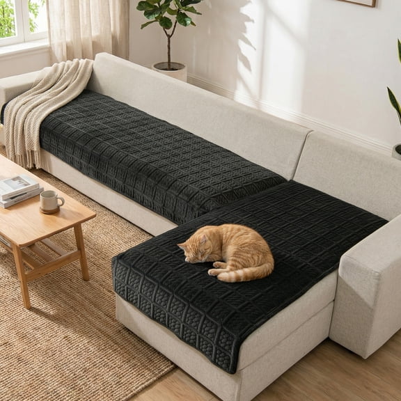 TOPCHANCES Soft Velvet Couch Covers, Non Slip Corner Sofa Cover Protector Mat, Pet Sofa Mat, 2-Piece Couch Covers Set for L Shape Sectional, Black Gray, Size S