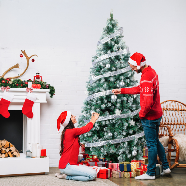 7.5FT Snow-Tipped Pre-Lit Christmas Tree - 1223 PVC Branch Tips 350 Warm White LEDs Silver Ribbon Ornaments + Fence Tree Skirt Included