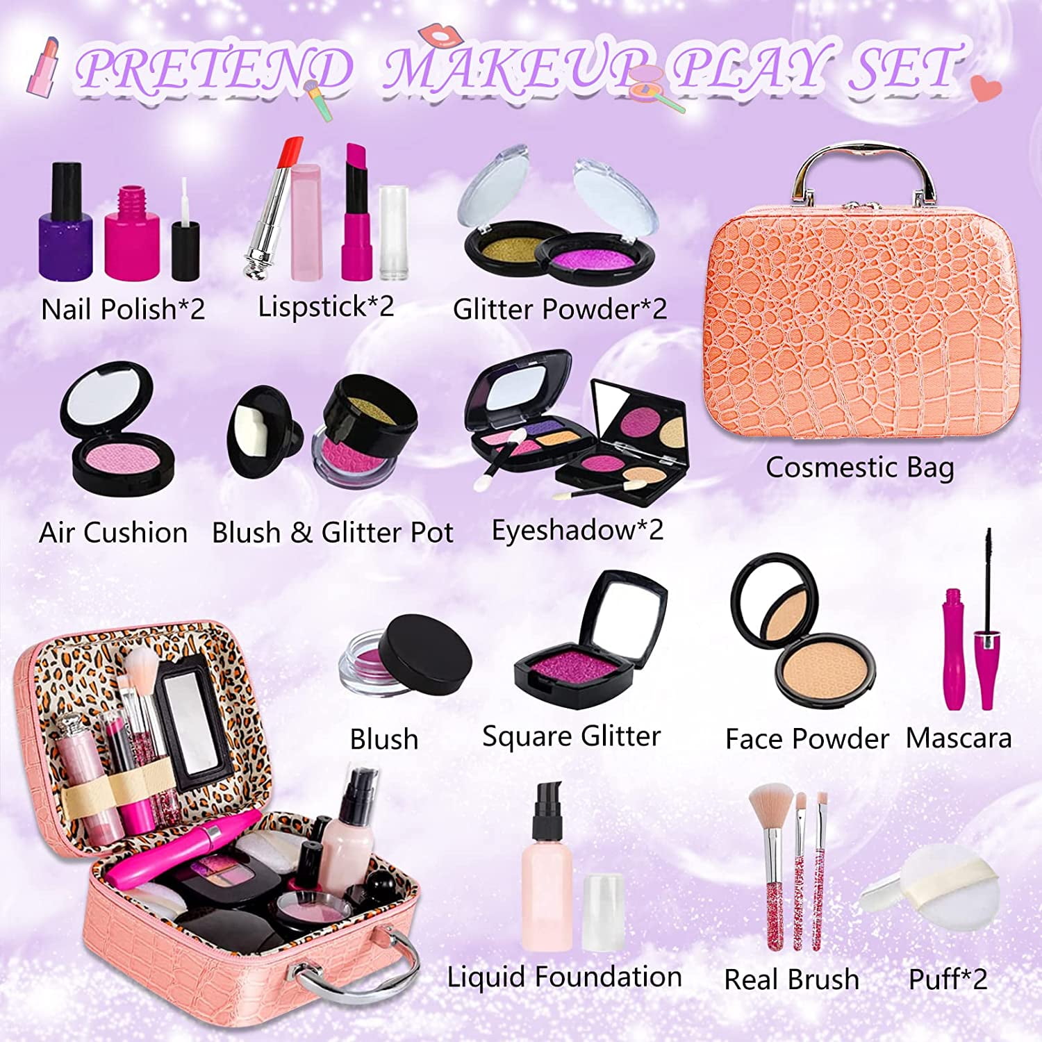 Kids Pretend Makeup Kit with Cosmetic Bag for Girls 4-10 Year Old -  Including Pink Brushes, Eye Shadows, Lipstick, Mascare, Gittler Pot, Liquid  Foundation, Nail Polish and More (Not Real Makeup) 