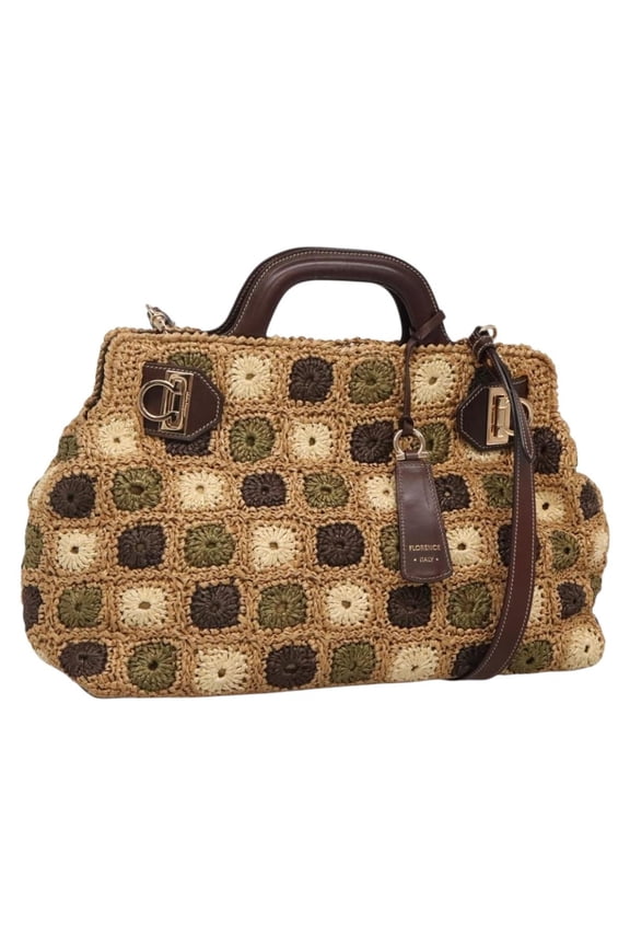 Pre-Owned Salvatore Ferragamo Soft W Tote Raffia Brown Wood Tote Bag Bag