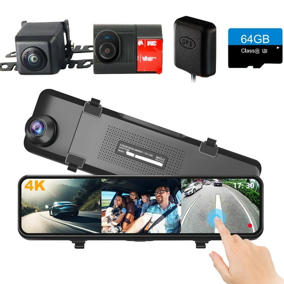 4K 3 Channel Mirror Dash Cam, 11" Triple Rear View Mirror Dash Camera Front Inside Rear for Car RV Truck, Night Vision, 64GB Card, WDR, G-Sensor, 24H Parking Monitor