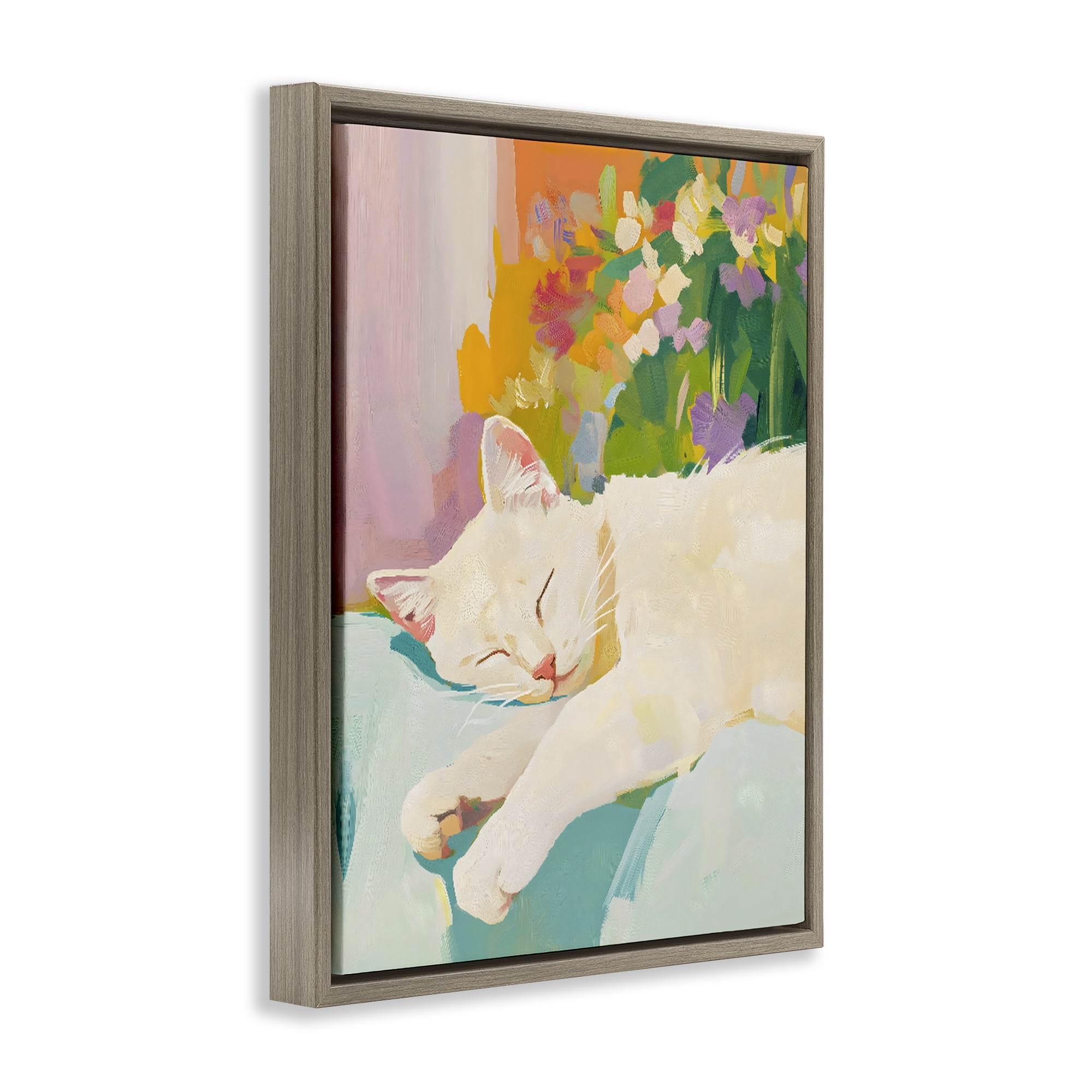 Stupell Industries Sleeping Cat with Flowers Brown Framed Floater Canvas Wall Art, design by The Prints Vibe