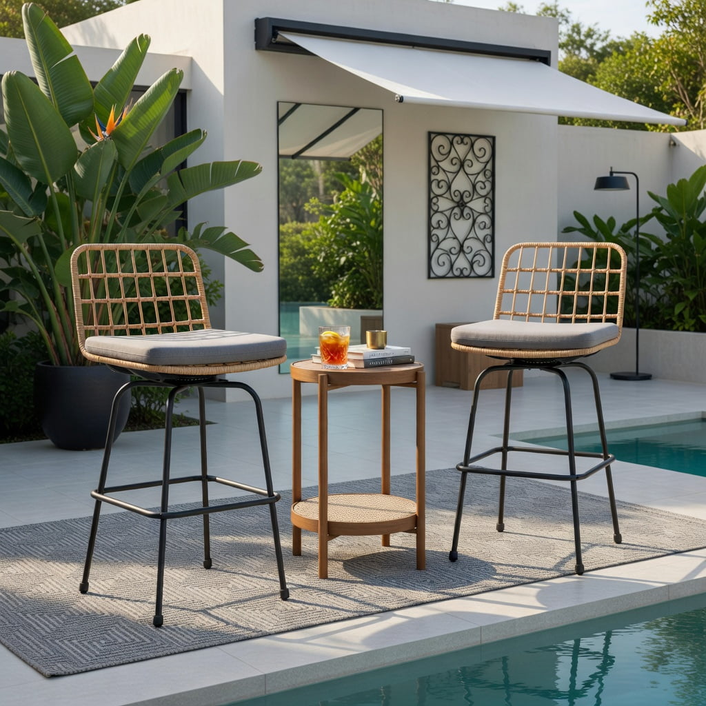 Hommoo 2-Pack Modern Swivel Bar Stools with Cushions & Light Brown PE Rattan, Heavy-Duty Outdoor Patio Barstools for Backyard, Balcony, Poolside, Gray