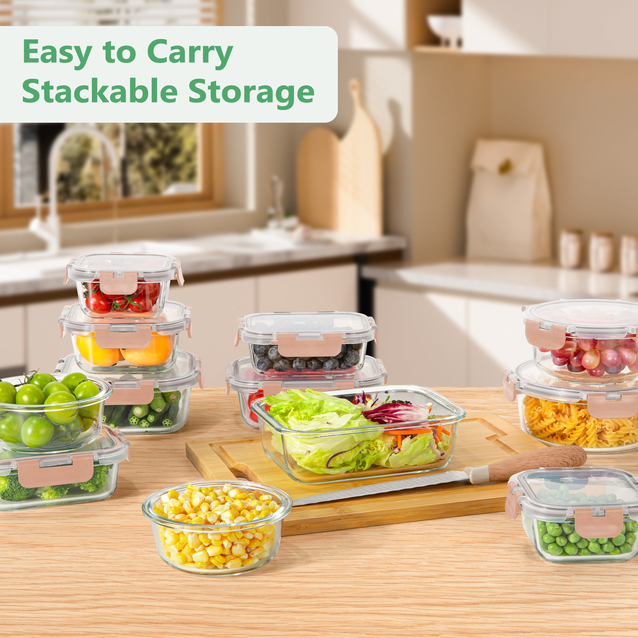 GPED 34-Piece Glass Food Storage Container Set, Glass Meal Prep Containers with Snap-Locking Lids, Glass Lunch Box, Airtight Bento Box, for Microwave, Oven, Freezer, and Dishwasher Safe, Pink