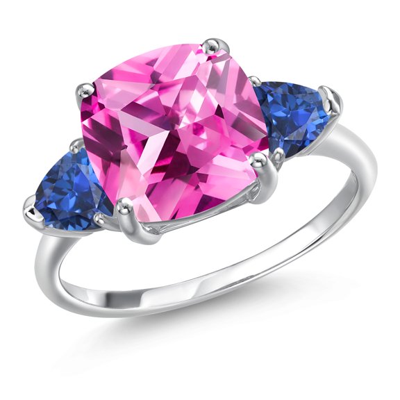 Gem Stone King 10K White Gold Pink Created Sapphire and Blue Created Sapphire Engagement Ring for Women | 5.88 Cttw | Cushion 10MM | Gemstone September Birthstone | Size 6