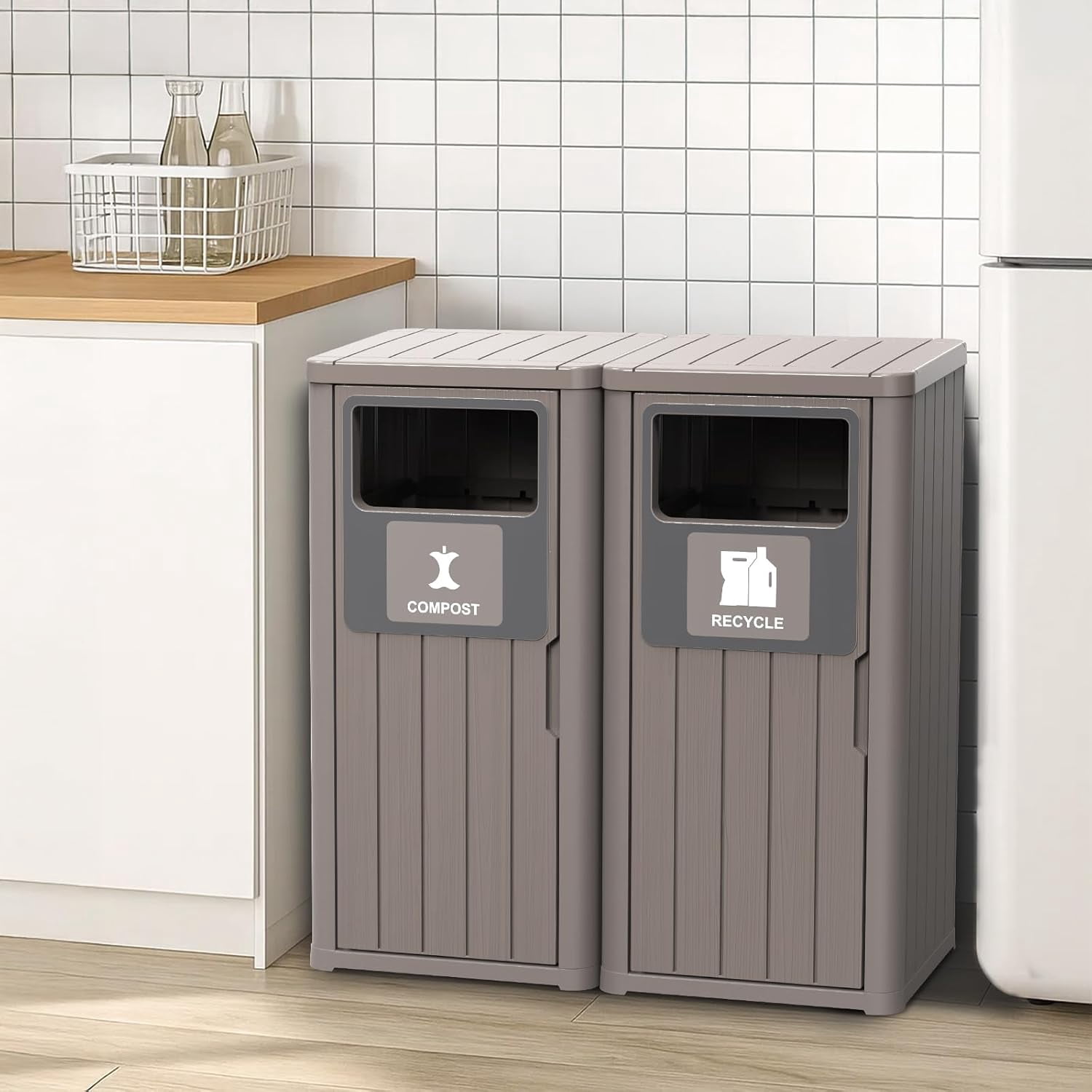 Outdoor Two Barrel Trash Can – Waterproof Resin Garbage Bin with Recycling Labels – Fits 30-39 Gallon Trash Bags, Durable Waste Bin for Porch, Backyard & Kitchen(33.07 * 16.54 * 35.43)