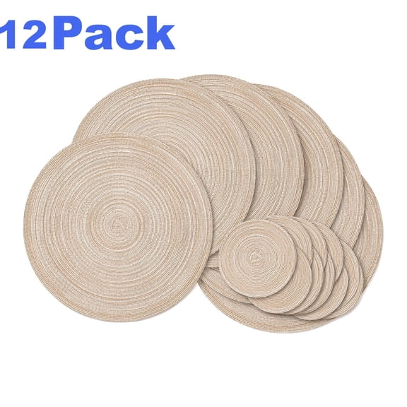 Woven Braided Placemats Set of 12, Washable Heat Resistant Cotton Polyester Circle Table Mats for Kitchen and Dining Table Decor, Beige