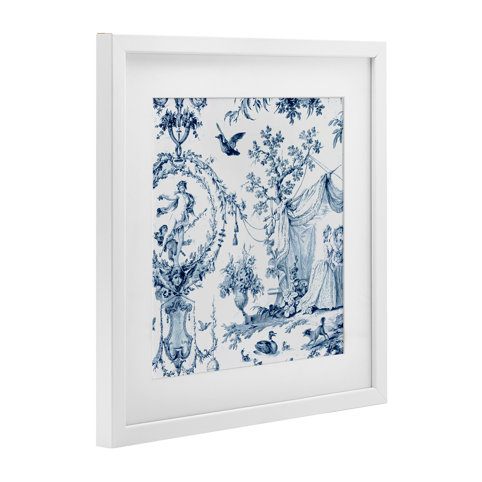 Classic Toile Scene White Framed Print Under Glass, design by Vintage Hustle