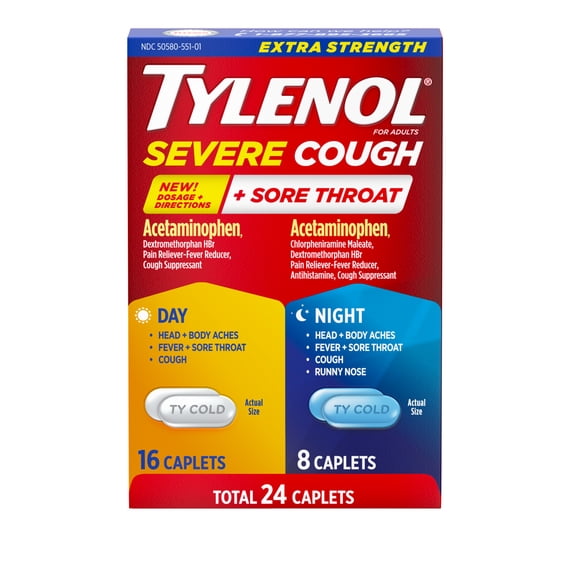 Tylenol Extra Strength Cough   Sore Throat Day & Night Caplets, 24 Count