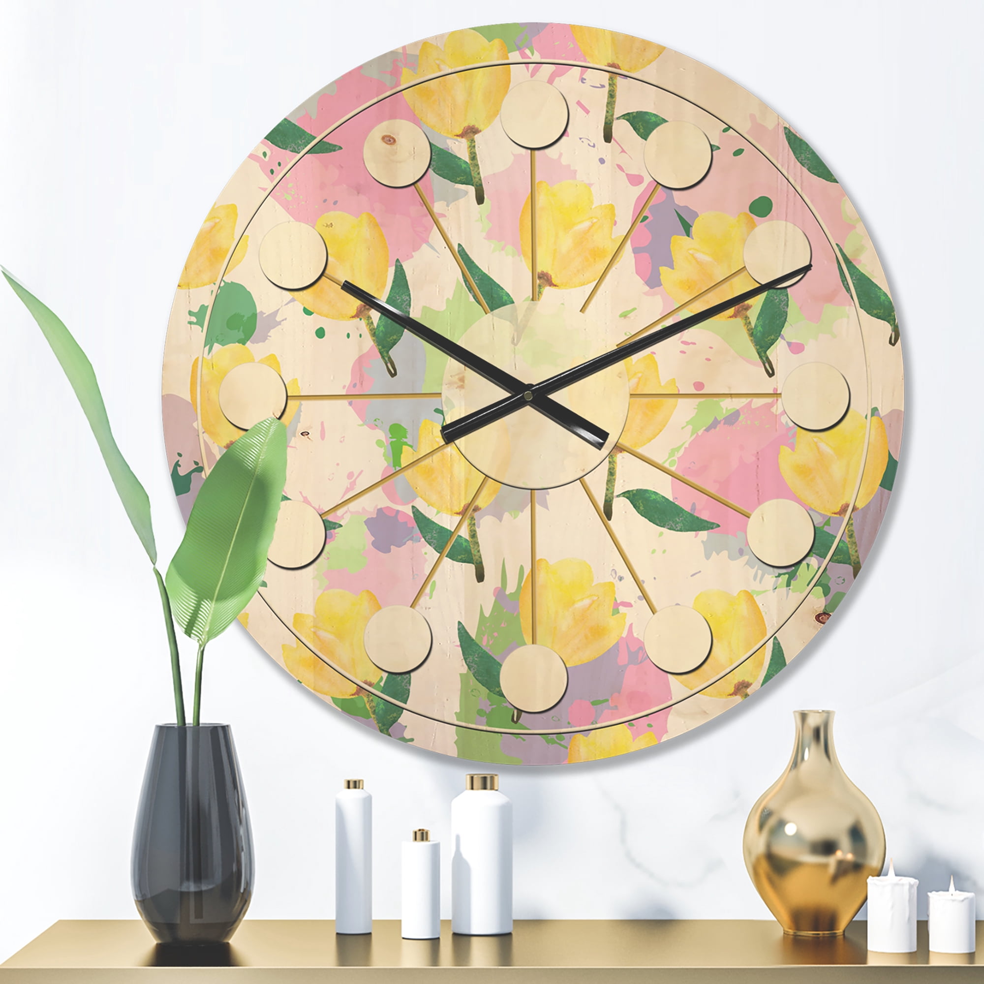 Designart 'Flowers With Floral Pattern' Mid-Century Modern Wood Wall Clock