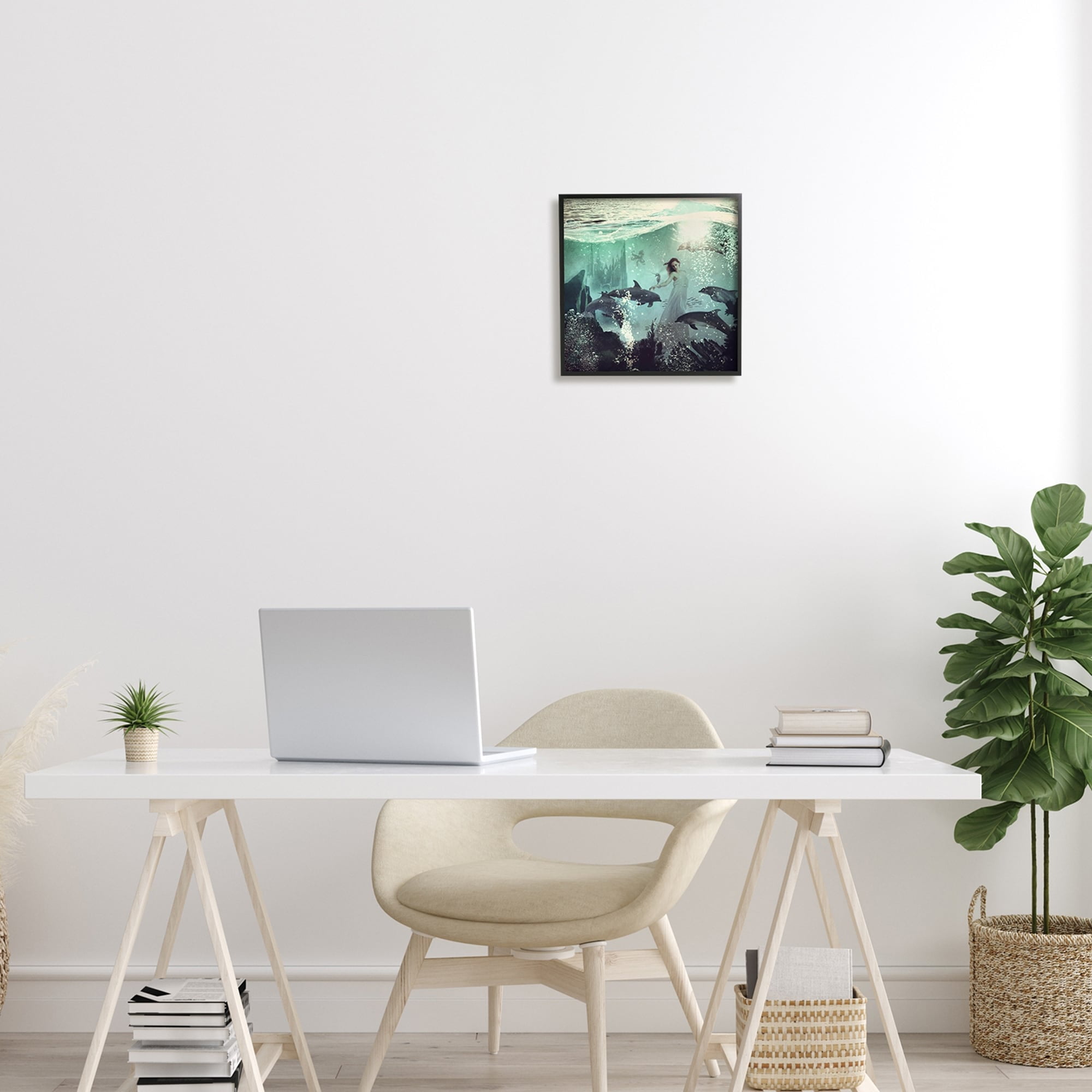 Stupell Industries Surreal Woman Underwater Dolphins Splashing Bubbles Framed Wall Art, 24 x 24, Design by Paula Belle Flores