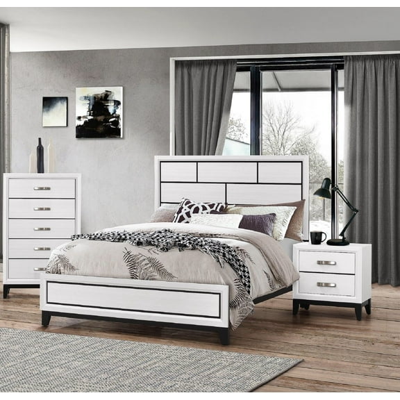Contemporary 3pc Queen Size Bedroom Set Bed Chest Nightstand White Finish Wooden Furniture