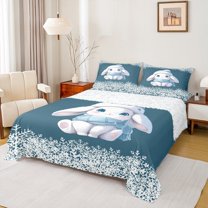 Homewish Kawaii Blue Rabbit Queen Sheet Sets for Girl, Winter Christmas Snowflake Flat Sheet, Cute Bunnies Animal Queen Fitted Sheet, Ultra Soft Bedroom Decor, 4 Pieces