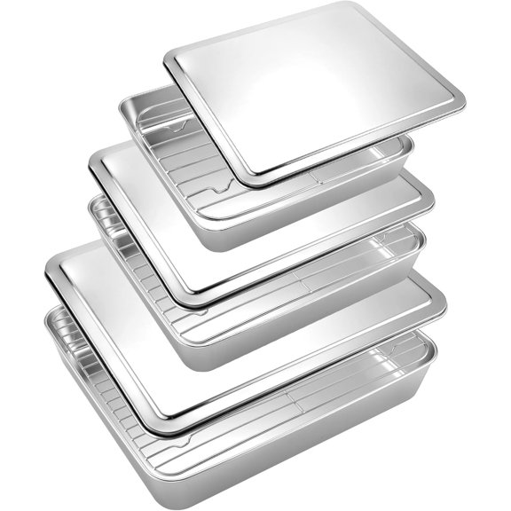 3 Sets Stainless Steel Roasting Pans with Lids, Baking Pan for Oven with 3 Pcs Flat Racks, Heavy Duty, Dishwasher Safe Rectangular Lasagna Pan with Handles for Turkey Chicken