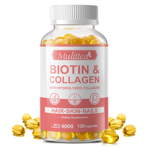 4000MCG Biotin Collagen Capsule - Types I, III, Collagen for Women & Men - Hair Growth Support Supplement - Skin, Nails Beauty Complex - 120 Count