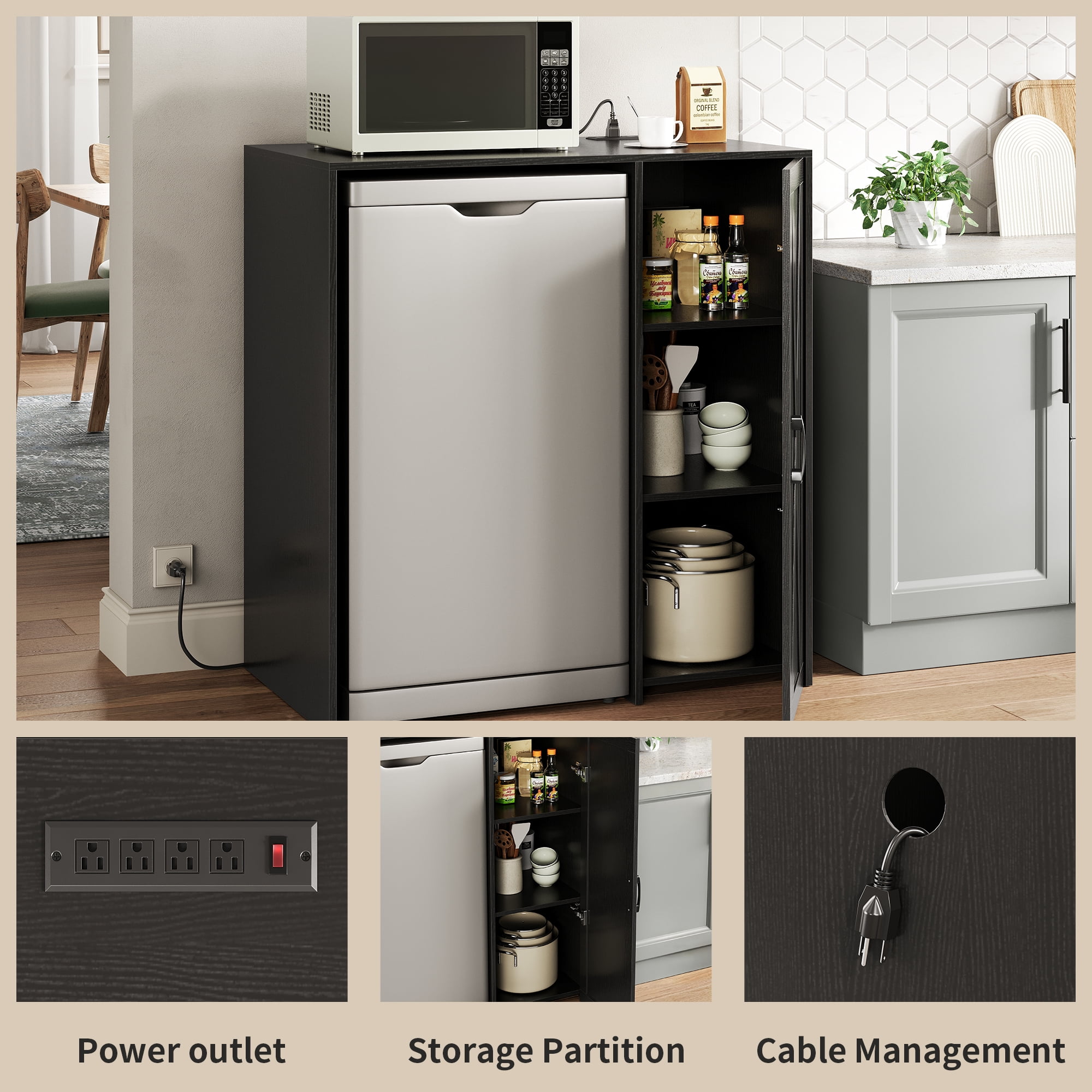 Herture Mini Fridge Cabinet with Storage, Coffee Bar Cabinet with Power Outlet, Fits 24" Wine Fridge, 3-Tier Organizer, Refrigerator Stand for Kitchen, Apartment, or Home Bar Black KH01MRB