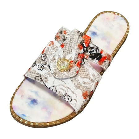 OJSFQUFP Women Shoes Casual Women Fashion Slip On Casual Open Toe Flowers Prints Flat Soft Bottom Breathable Shoes Sandals Slippers Slippers for Woman Red 38