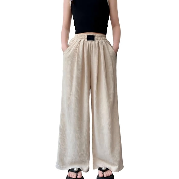 Otqutp Girls Casual Linen Pants High Waist Wide Leg Flowy Trousers Cute Pull On Jogger Sweatpants Trendy Beach Trousers Y2k Outfit