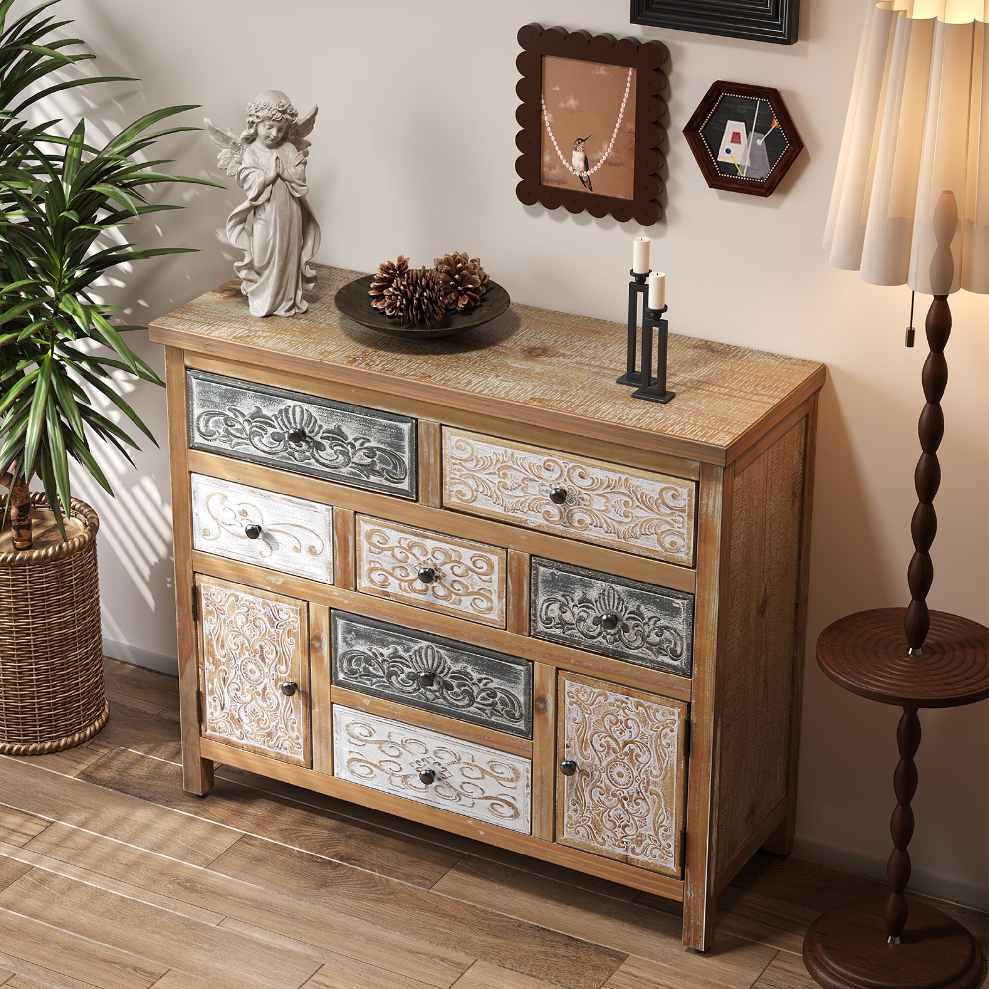 AENKYO Vintage 7-Drawer Cabinet, Bohemian Storage Dresser with Distressed Finish for Bedroom, Living Room & Entryway